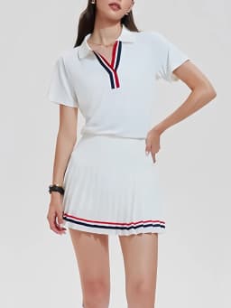 VITALINOVO Women 2 Pieces Athletic Skirt Set Outfits V Neck Polo Shirts High Waisted Pleated Tennis Skirts Golf Pickball Dress