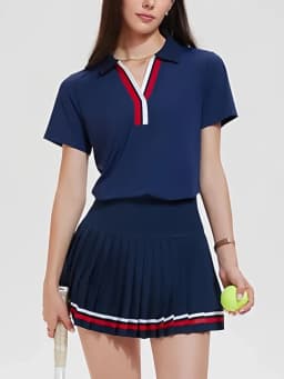 VITALINOVO Women 2 Pieces Athletic Skirt Set Outfits V Neck Polo Shirts High Waisted Pleated Tennis Skirts Golf Pickball Dress