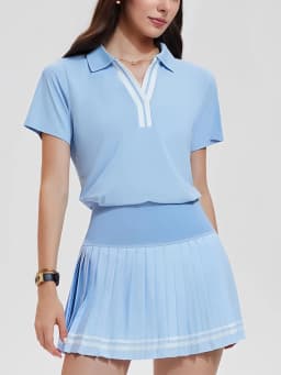 VITALINOVO Women 2 Pieces Athletic Skirt Set Outfits V Neck Polo Shirts High Waisted Pleated Tennis Skirts Golf Pickball Dress