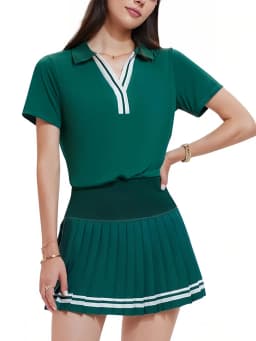 VITALINOVO Women 2 Pieces Athletic Skirt Set Outfits V Neck Polo Shirts High Waisted Pleated Tennis Skirts Golf Pickball Dress