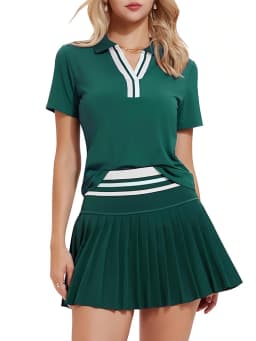 VITALINOVO Women 2 Pieces Athletic Skirt Set Outfits V Neck Polo Shirts High Waisted Pleated Tennis Skirts Golf Pickball Dress