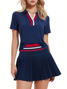 VITALINOVO Women 2 Pieces Athletic Skirt Set Outfits V Neck Polo Shirts High Waisted Pleated Tennis Skirts Golf Pickball Dress