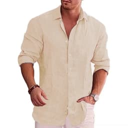 New men's cotton linen autumn hot long-sleeved shirt solid colour versatile casual resort style men's shirt tops