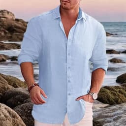 New men's cotton linen autumn hot long-sleeved shirt solid colour versatile casual resort style men's shirt tops