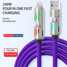 4-in-1 240W USB Type C Silicone Fast Charging Cable, For iPhone Huawei Samsung Xiaomi Durable Type-C To USB A Cable