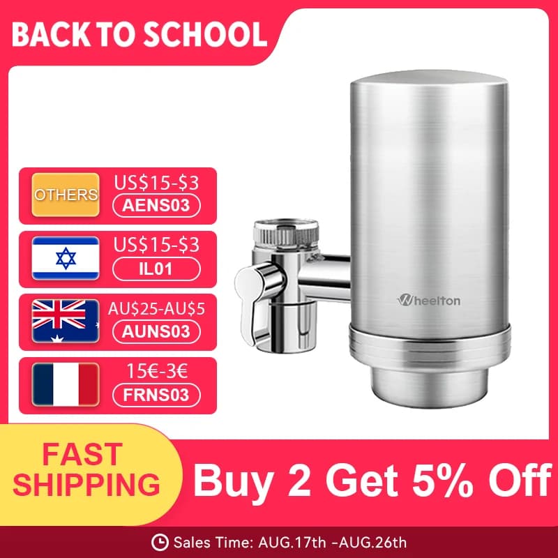 Wheelton Stainless Steel Kitchen Tap Filter Household Ceramic Water Purifier Faucet Water Filter Activated Carbon Filtration