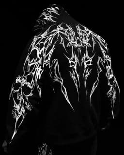 Mens Gothic Style Black Zip Up Hoodie White Skull Pattern Print Design Loose Fit Long Sleeve Casual Streetwear Hooded Sweatshirt