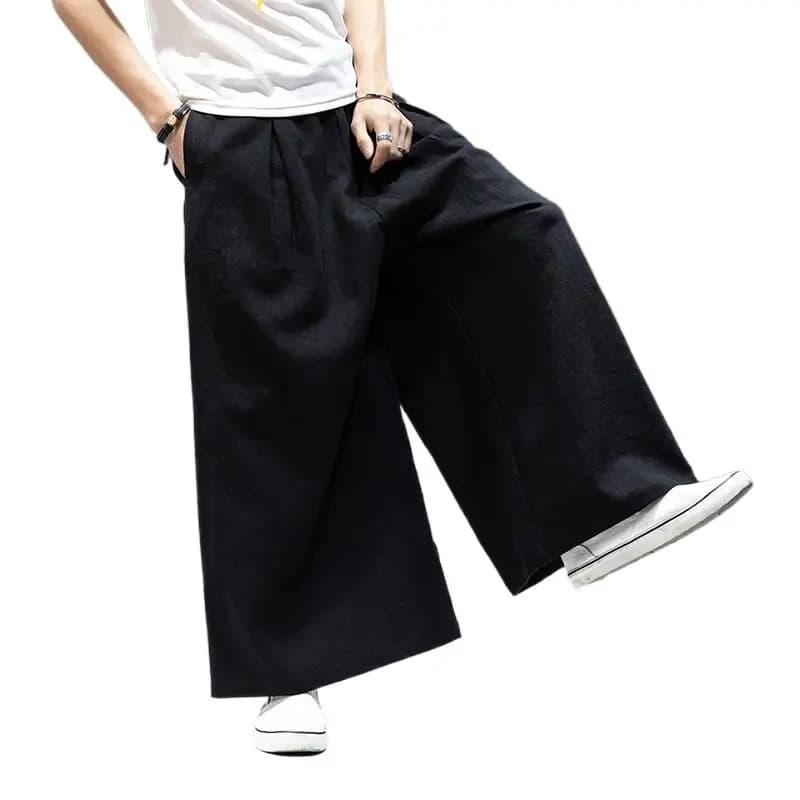 Plus Size M L-7XL Vintage Casual Elastic Waist Pockets Joggers Japan Style Men's Cotton Linen Wide Leg Pants Retro Loose Trouser