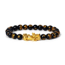 Nature Stone Feng Shui Bracelet Men Obsidian Opal Pixiu Wealth Luck Bead Bracelet Gold Color Pi Yao Dragon Charm Elastic Jewelry