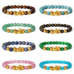Nature Stone Feng Shui Bracelet Men Obsidian Opal Pixiu Wealth Luck Bead Bracelet Gold Color Pi Yao Dragon Charm Elastic Jewelry