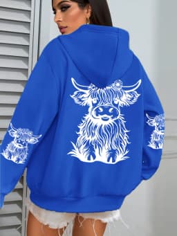 Cute Hair Cow Cartoon Printing Hoodies Womens Fleece Autumn Streetwear Comfortable Casual Hoodie Y2K Pocket All-Match Hoody