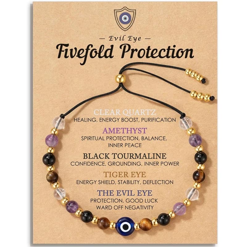 Evil Eye Dainty Natural Crystal Protection Bracelet 5 Healing Stones Clear Quartz Amethyst Tiger Eye Spiritual Guardian Jewelry