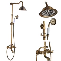 Rozin Brass Antique Bathroom Shower Faucet Set Wall Mount Dual Handle with Handshower + Shelf Brass Bathroom Shower Mixer Tap