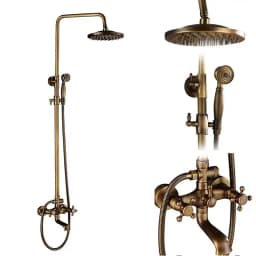 Rozin Brass Antique Bathroom Shower Faucet Set Wall Mount Dual Handle with Handshower + Shelf Brass Bathroom Shower Mixer Tap
