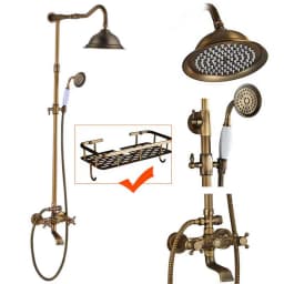 Rozin Brass Antique Bathroom Shower Faucet Set Wall Mount Dual Handle with Handshower + Shelf Brass Bathroom Shower Mixer Tap