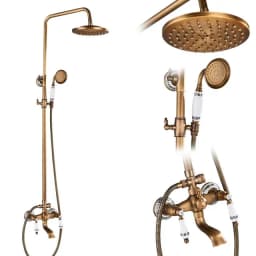 Rozin Brass Antique Bathroom Shower Faucet Set Wall Mount Dual Handle with Handshower + Shelf Brass Bathroom Shower Mixer Tap