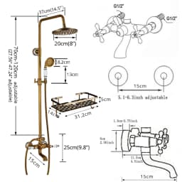 Rozin Brass Antique Bathroom Shower Faucet Set Wall Mount Dual Handle with Handshower + Shelf Brass Bathroom Shower Mixer Tap