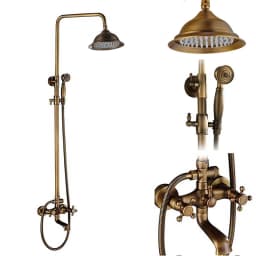 Rozin Brass Antique Bathroom Shower Faucet Set Wall Mount Dual Handle with Handshower + Shelf Brass Bathroom Shower Mixer Tap