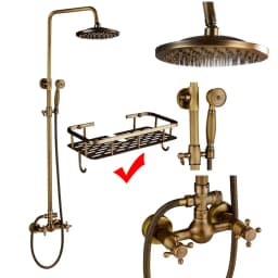 Rozin Brass Antique Bathroom Shower Faucet Set Wall Mount Dual Handle with Handshower + Shelf Brass Bathroom Shower Mixer Tap