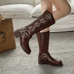 Metal Buckle Square Toe Knee High Boots Women Black PU Leather Punk Long Boots Woman Autumn 2025 Chunky Heels Motorcycle Booties