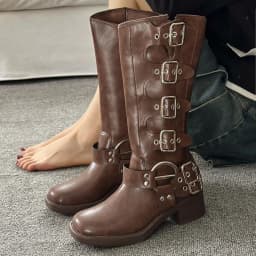 Metal Buckle Square Toe Knee High Boots Women Black PU Leather Punk Long Boots Woman Autumn 2025 Chunky Heels Motorcycle Booties