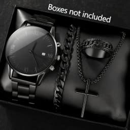 4-piece/set men's black minimalist quartz watch set with bracelet, necklace, and ring -