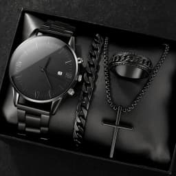 4-piece/set men's black minimalist quartz watch set with bracelet, necklace, and ring -