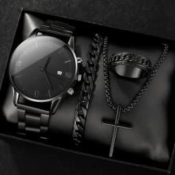 4-piece/set men's black minimalist quartz watch set with bracelet, necklace, and ring -