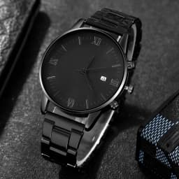 4-piece/set men's black minimalist quartz watch set with bracelet, necklace, and ring -