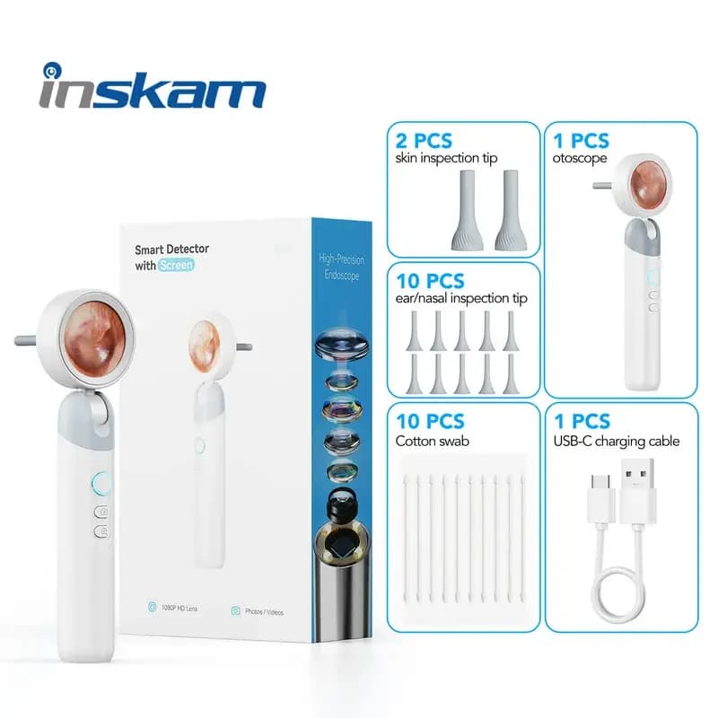 Smart Ear Camera Endoscope 90° Rotatable Head for Easy Viewing 1080P HD Camera with 12 Replacement Heads Included /Nose /Skin