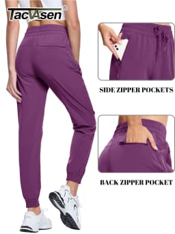 TACVASEN Quick Dry Hiking Pants Womens Outdoor Sports Drawstring Waist Joggers Waterproof Lightweight 3 Zipper Pockets Trousers