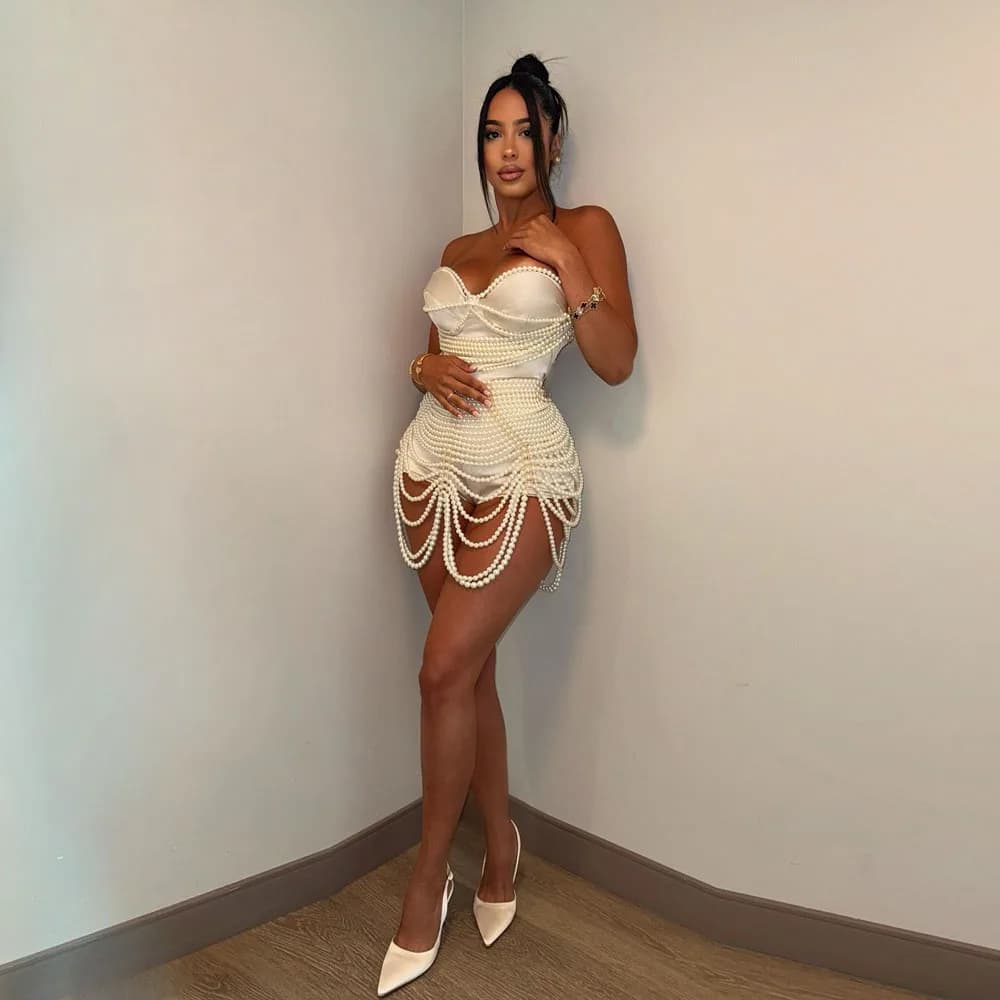 Luxury Pearls Beaded Stretchy Women Bodysuits Amazing Women Corset Lace Up Back Female Costumes For Stage Show