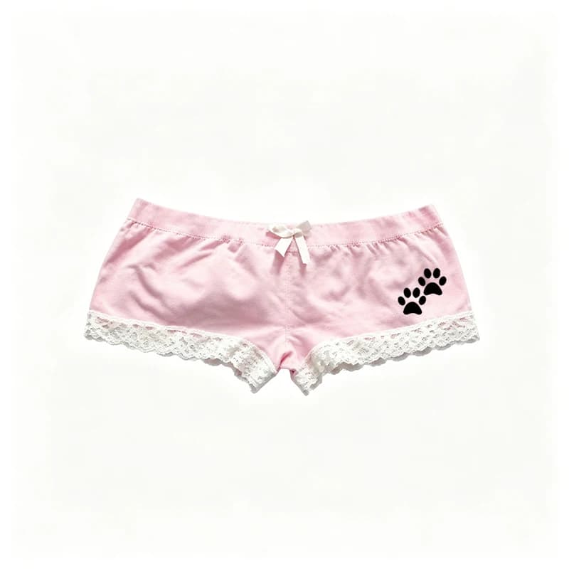 Y2K American Style Pink Cute Cat Paw Print Shorts Hot Pants with Bow and Lace Trim for Dance Summer Gothic Trendy Women Clothing
