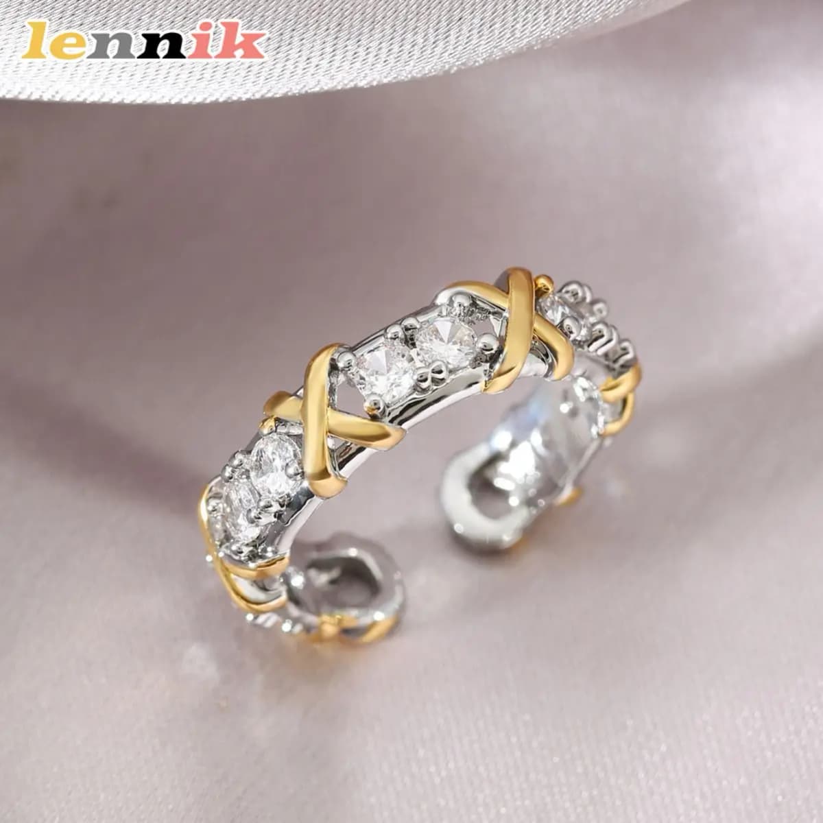 LENNIK New Two-tone Diamond-encrusted Ring, Fashionable Personalized Open Adjustable Ring, Light Luxury High-end Jewelry