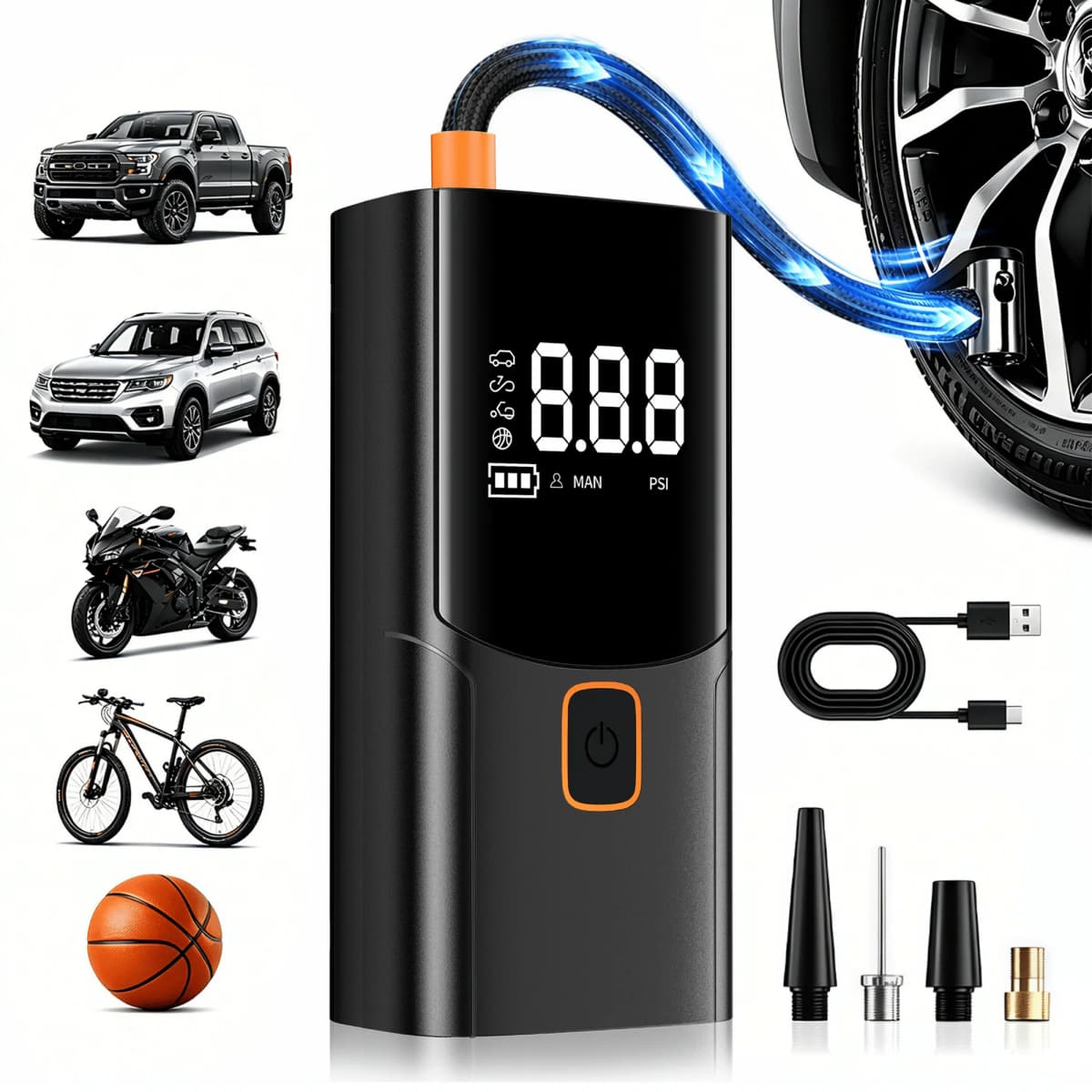 Portable Air Compressor Car Tire Inflator, Electric Tire Pump with LED Light, Digital Pressure Display, Auto Shut Off, Suitable for Car, Motorcycle, Bike, Ball, Emergency Tire Inflation