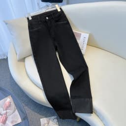 2025 Spring Autumn Women's Jeans High Waist Slim Fit Flipped Panel Elastic 9-point Pipe Pants Female Denim Straight Trousers