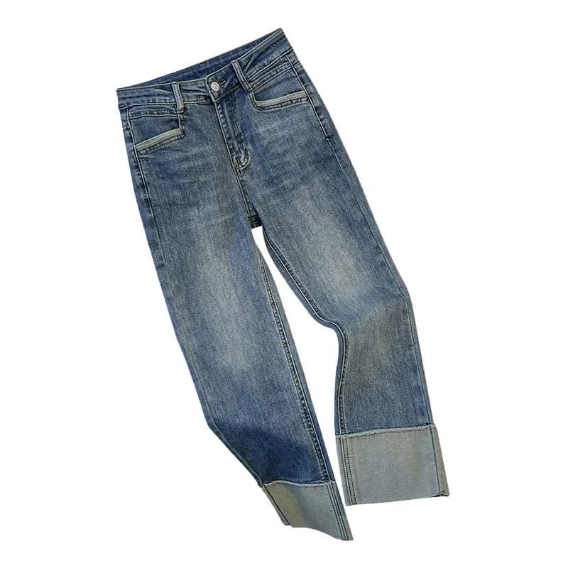 2025 Spring Autumn Women's Jeans High Waist Slim Fit Flipped Panel Elastic 9-point Pipe Pants Female Denim Straight Trousers