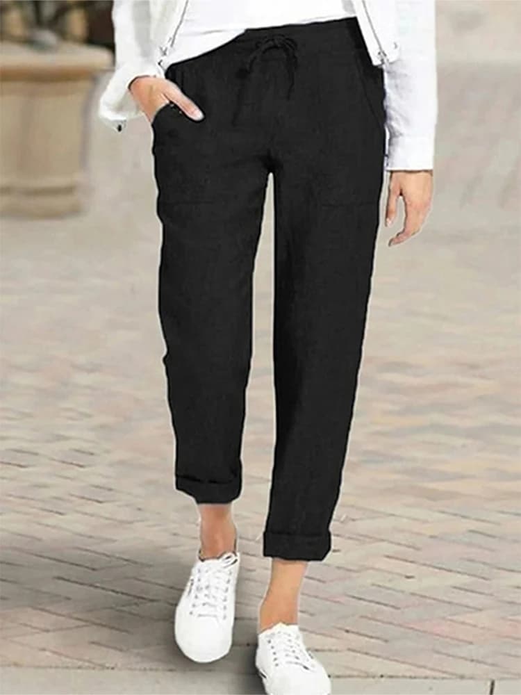 Plus-Size Solid-Color Drawstring High-Waisted Pocket Casual Pants—Casual Everyday Wear, Simple Elastic-Waist Pants