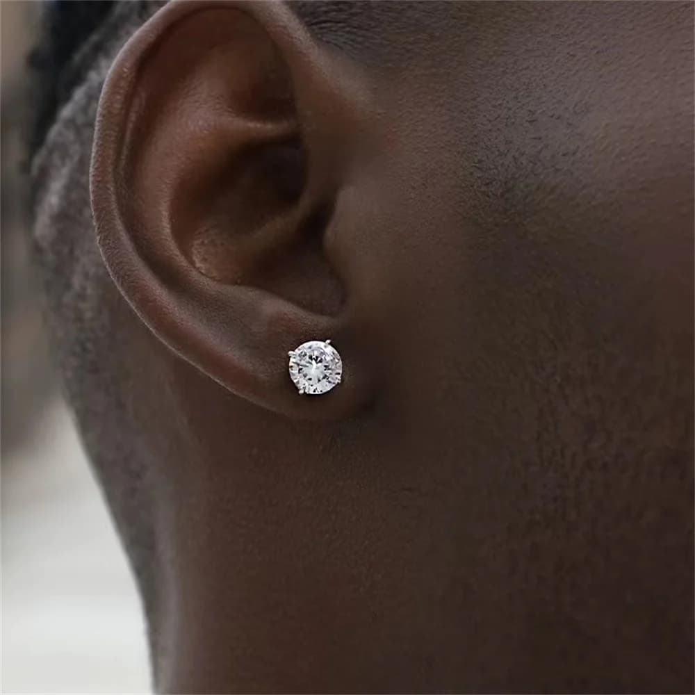 Men's Zircon Silver Color Stud Earrings Hip Hop Rhinestone Earring For Women Men's Street Jewelry Elegant Fashion Accessories