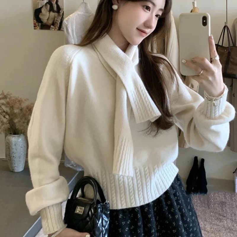 Korean Solid Color Warm Women's Sweater with Scarf Autumn Winter Soft Comfort Pullover Female Lazy Style Round Neck Knitwear