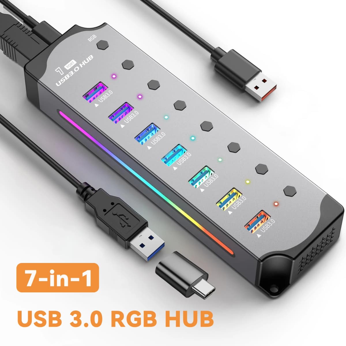 USB 3.0 Hub High Speed USB 7-in-1 Splitter Individual Power Switches RGB Aluminum Gaming USB Hub 3.0 For Laptop PC Accessories
