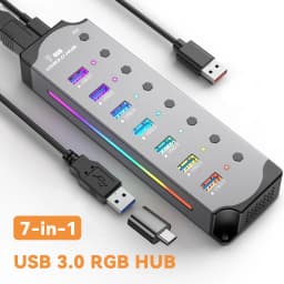 USB 3.0 Hub High Speed USB 7-in-1 Splitter Individual Power Switches RGB Aluminum Gaming USB Hub 3.0 For Laptop PC Accessories