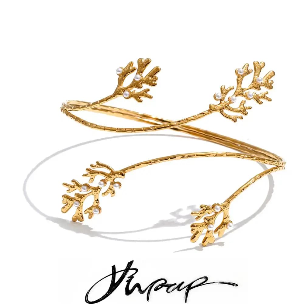 Yhpup 2026 Stainless Steel Pearls Leaf Adjustable Arm Bracelet for Women 18K Gold Color PVD Summer Fashion Jewelry