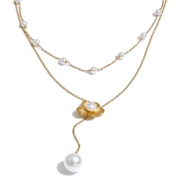 Yhpup Stainless Steel Layered Simulated Pearls Chain Flower Drop Necklace 2026 Arrivals Demure Summer Jewelry
