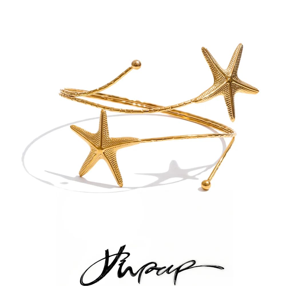 Yhpup Ocean Style Stainless Steel Metal Starfish Cuff Adjustable Arm Bracelet 18K Gold Color PVD Plated Summer Vacation Jewelry