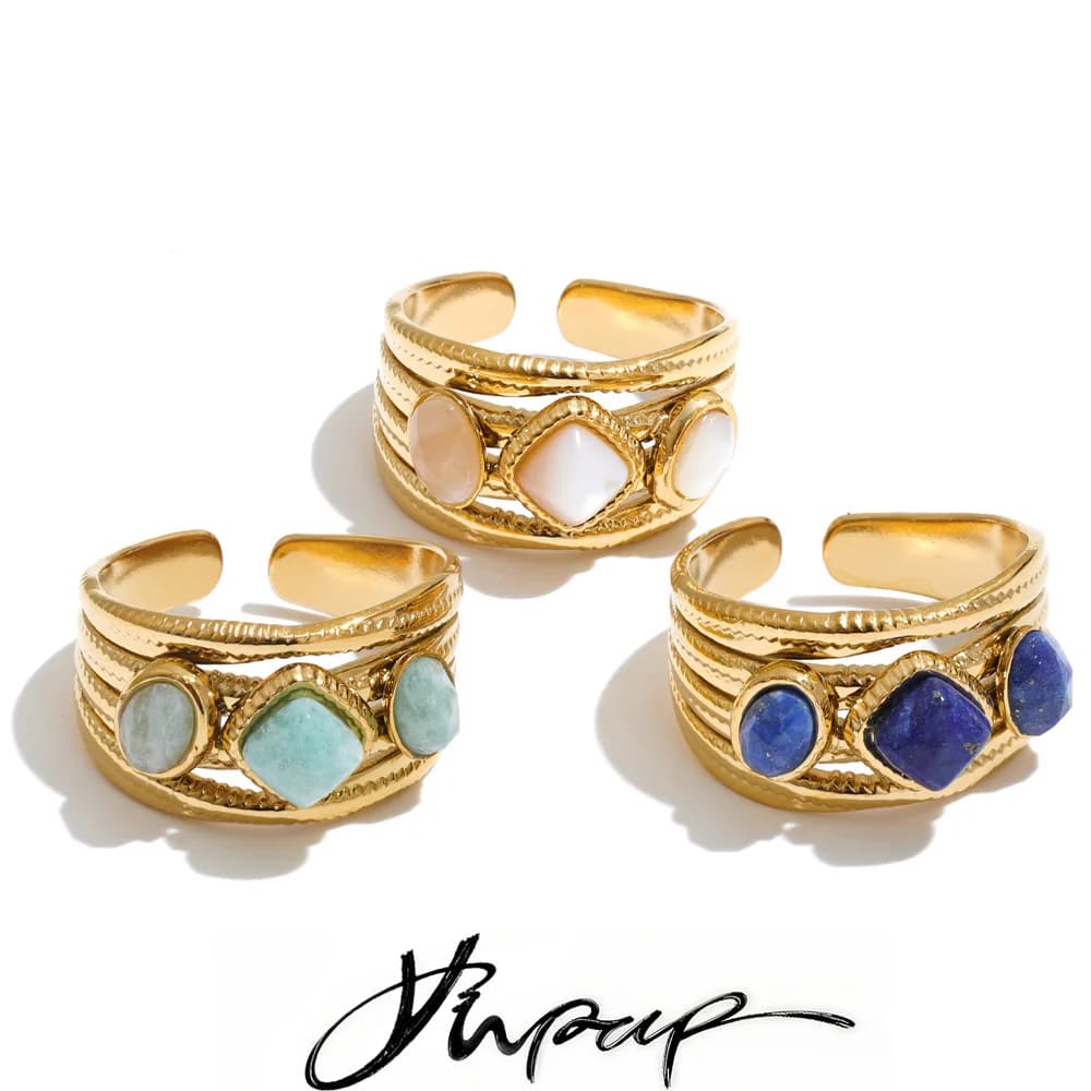 Yhpup New Arrivals Stainless Steel Shell Amazonite Stone Adjustable Ring Hypoallergenic Metal Aesthetic Jewelry