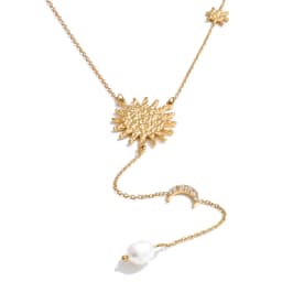 Yhpup Stainless Steel Sun Moon Natural Pearl Chain Drop Necklace 16K Gold Platinum Color PVD Plated Fashion Popular Jewelry