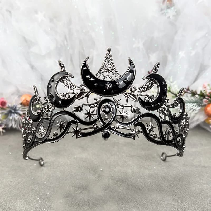 Gothic Black Moon Tiara Dark Queen Crown for Women Baroque Celestial Star Headpiece Vintage Cosplay Halloween Wedding Party Acce