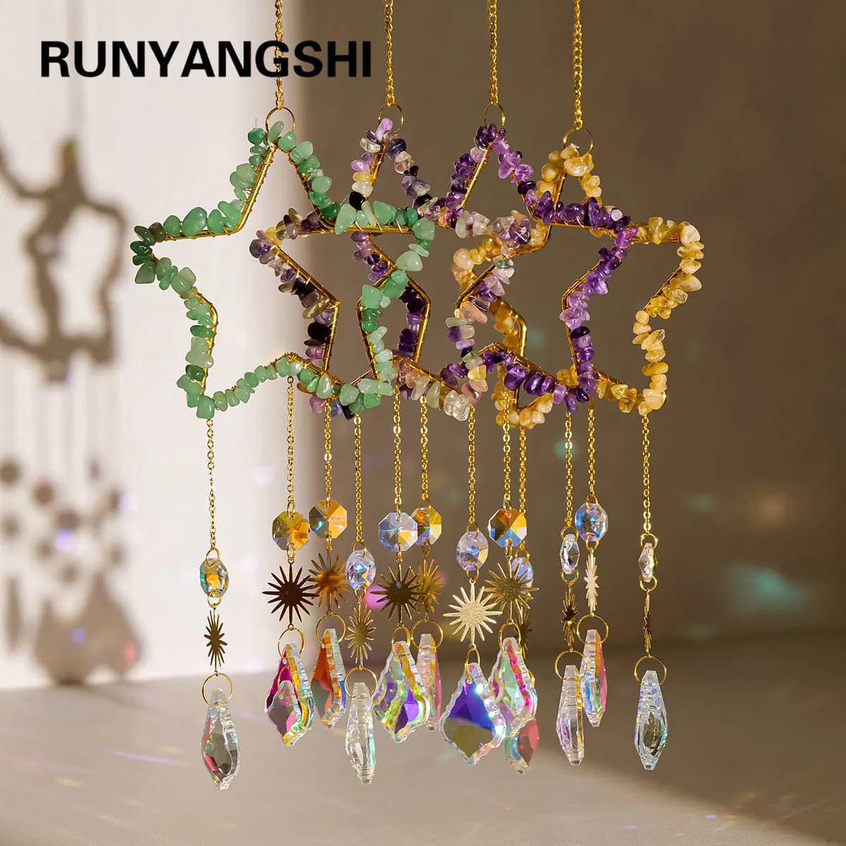 1PC Natural Healing Crystal Pendant Crystal Gravels Five-pointe Star Catcher Reiki Gemstone For Home Garden Wedding Garden