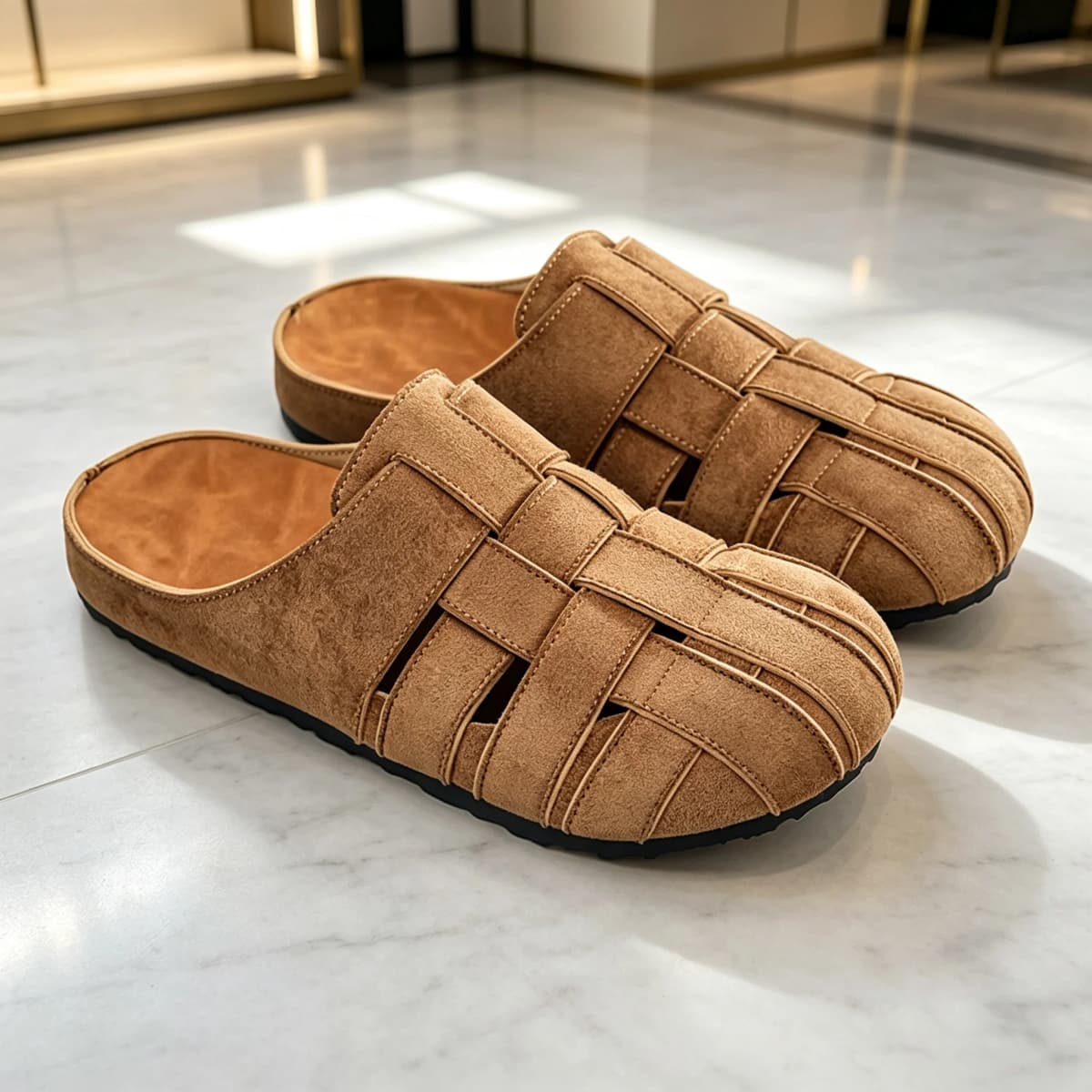 Retro Woven Closed-Toe Mules, Available in Three Colors, Suede Slip-On Mules, Breathable Hollow-Out Outdoor Sandals, Comfortable Cork-Soled Versatile Home and Commuting Casual Closed-Toe Slippers